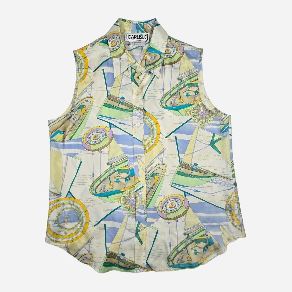 VTG 90s Nautical silk short sleeve blouse / LG 12 / CARLISLE / beach, old money